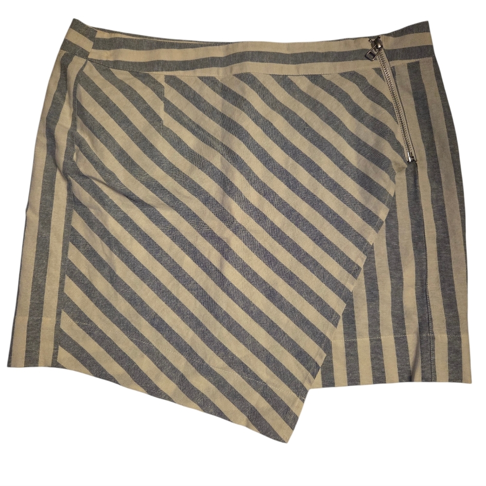 Rebecca Minkoff Gigi Linen Asymmetrical Striped Mini Zip Wrap Skirt Size M